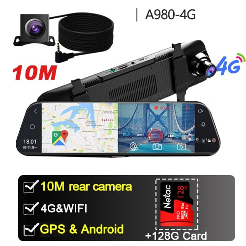 Dual 1080P 4G Android 8.1 10 Inch Stream Media Car Rearview Mirror Bluetooth Camera Car Dvr ADAS Super Night WiFi GPS Dash Cam A980 10M With 128G - Tophatter Daily Deals
