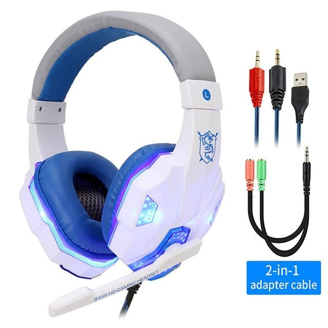 Professional Led Light Gamer Headset for Computer PS4 PS5 Fifa 21 Gaming Headphones Bass Stereo PC Wired Headset With Mic Gifts WhiteBlue with Light - Tophatter Daily Deals