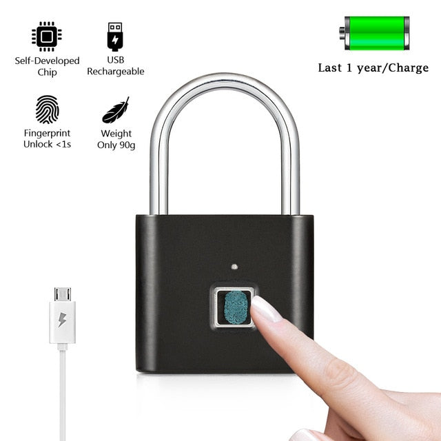 KERUI Waterproof USB Charging Fingerprint Lock Smart Padlock door lock 0.1sec Unlock Portable Anti-theft Fingerprint Lock Zinc Black - Tophatter Daily Deals
