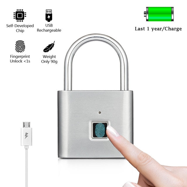 KERUI Waterproof USB Charging Fingerprint Lock Smart Padlock door lock 0.1sec Unlock Portable Anti-theft Fingerprint Lock Zinc Silver - Tophatter Daily Deals