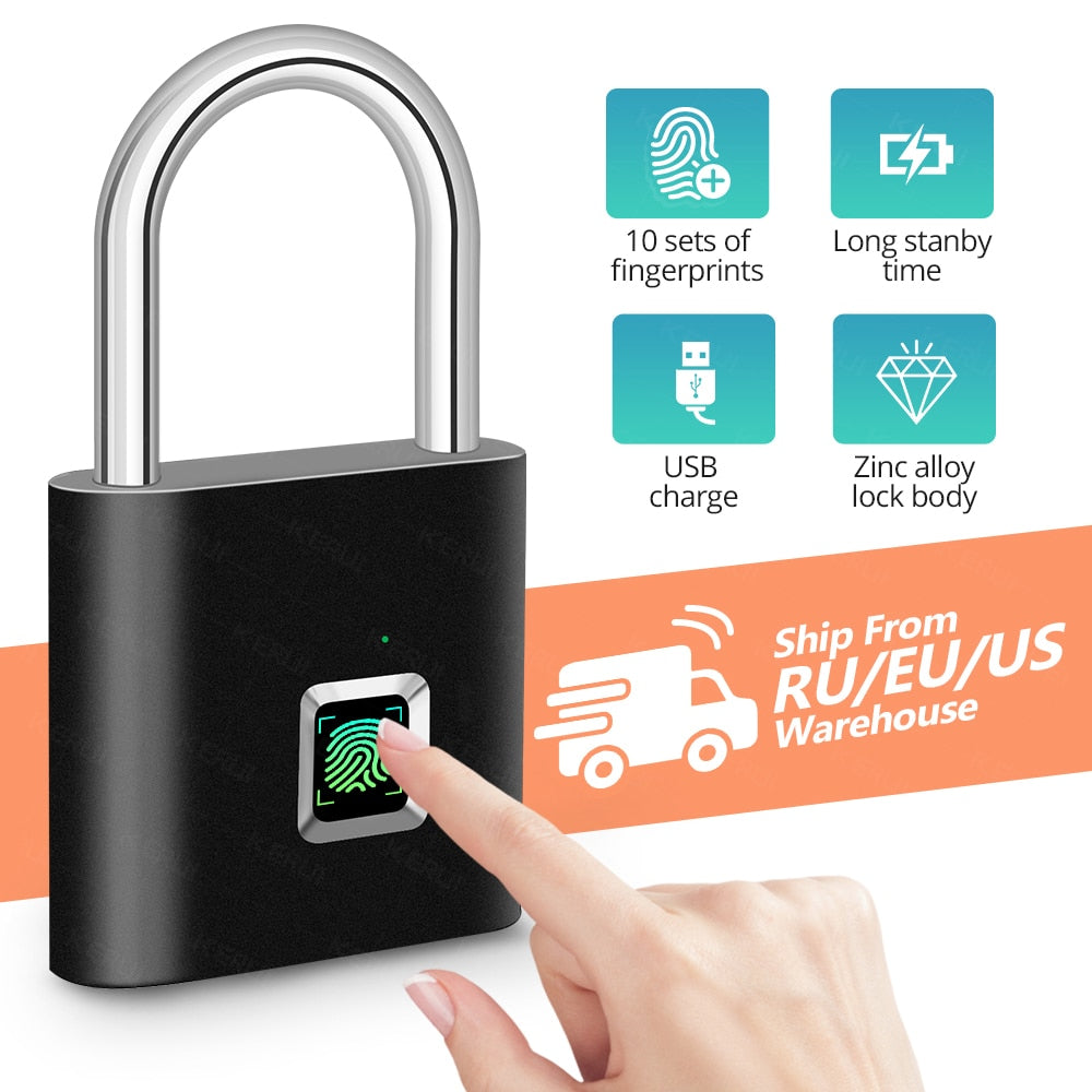 KERUI Waterproof USB Charging Fingerprint Lock Smart Padlock door lock 0.1sec Unlock Portable Anti-theft Fingerprint Lock Zinc - Tophatter Daily Deals