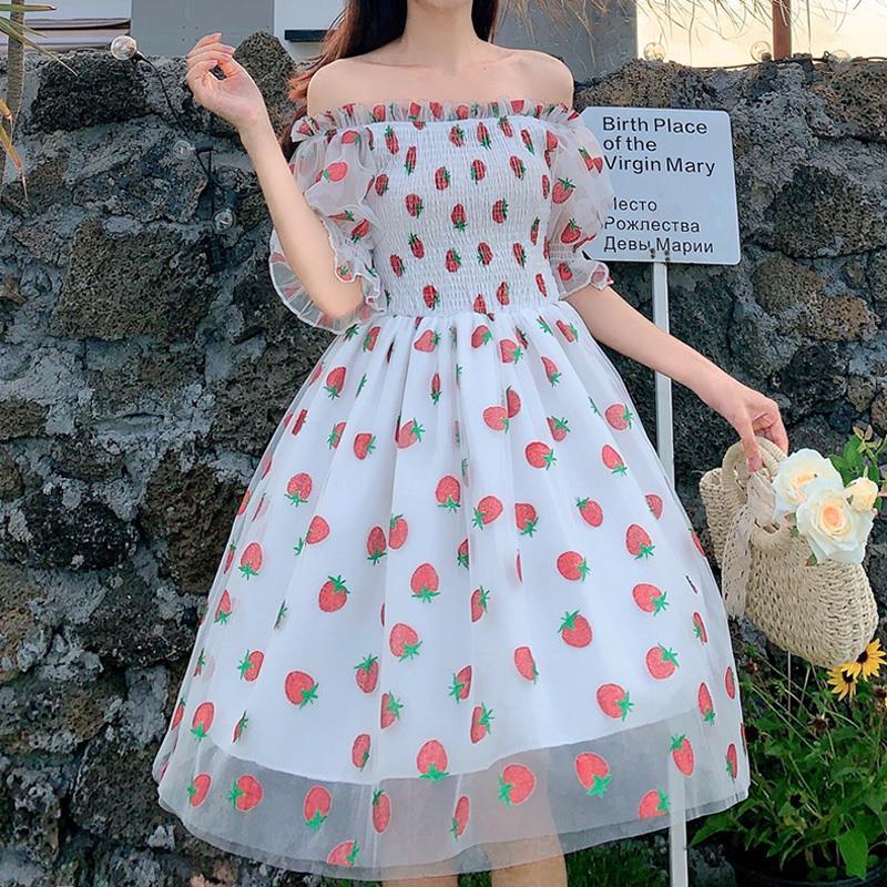 Strawberry Dress French Style Lace Chiffon Sweet Puff Sleeve Elegant Fruit - Tophatter Daily Deals