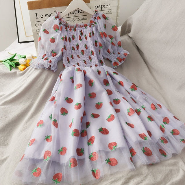 Strawberry Dress French Style Lace Chiffon Sweet Puff Sleeve Elegant Purple Fruit - Tophatter Daily Deals