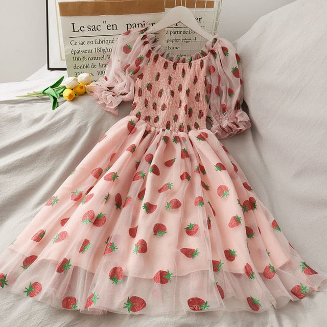 Strawberry Dress French Style Lace Chiffon Sweet Puff Sleeve Elegant Pink Fruit - Tophatter Daily Deals