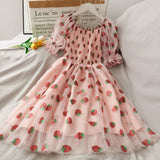 Strawberry Dress French Style Lace Chiffon Sweet Puff Sleeve Elegant Pink Fruit - Tophatter Daily Deals
