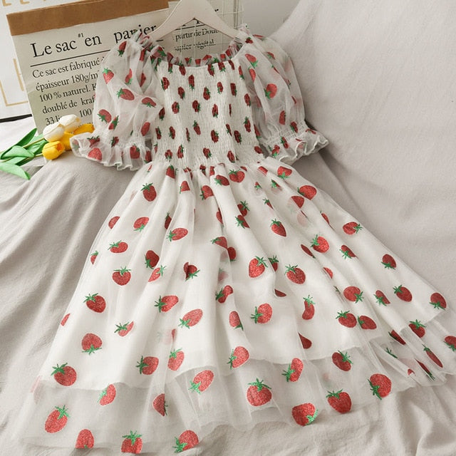 Strawberry Dress French Style Lace Chiffon Sweet Puff Sleeve Elegant White Fruit - Tophatter Daily Deals