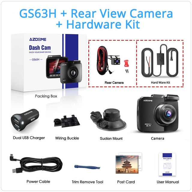 AZDOME GS63H Dash Cam Dual Lens 4K UHD Recording Car Camera DVR Night Vision WDR Built-In GPS Wi-Fi G-Sensor Motion Detection GS63H-RVC-HWK - Tophatter Daily Deals