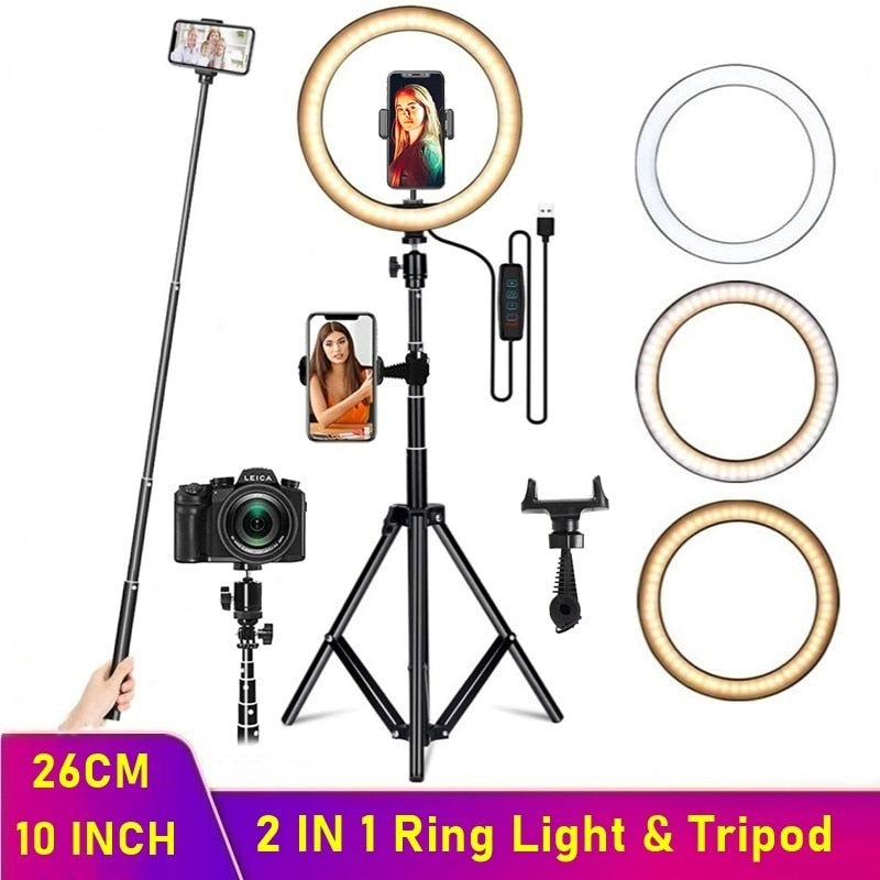 Dimmable LED Selfie Ring Fill Light Phone Camera Led Ring Lamp With Tripod For Makeup Video Live Aro De Luz Para Hacer Tik Tok - Tophatter Daily Deals
