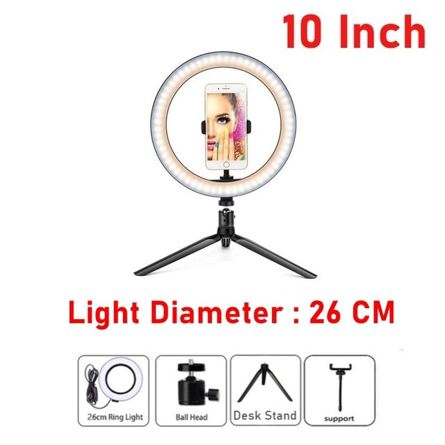 Dimmable LED Selfie Ring Fill Light Phone Camera Led Ring Lamp With Tripod For Makeup Video Live Aro De Luz Para Hacer Tik Tok 10 inch 2 - Tophatter Daily Deals