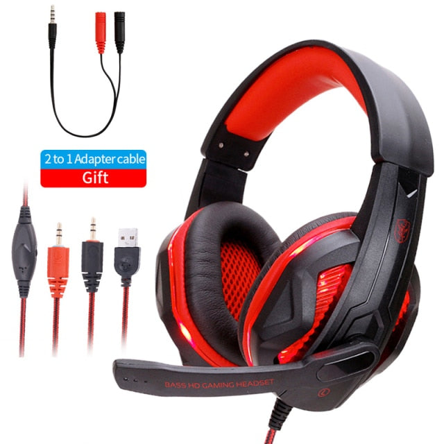 Cool LED Wired Headphones With Microphone Headset gamer PC Headphone Headband Stereo Game Earphone For PS4/XBOX/Phone PC red led - Tophatter Daily Deals