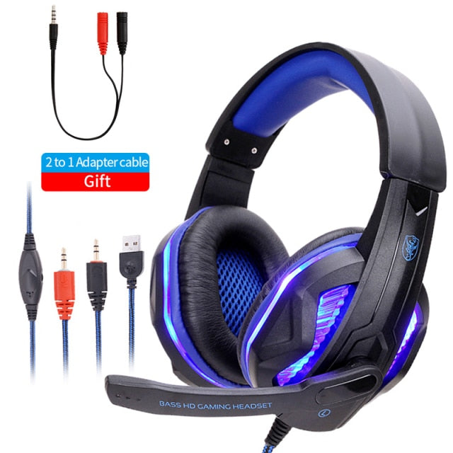 Cool LED Wired Headphones With Microphone Headset gamer PC Headphone Headband Stereo Game Earphone For PS4/XBOX/Phone PC blue led - Tophatter Daily Deals