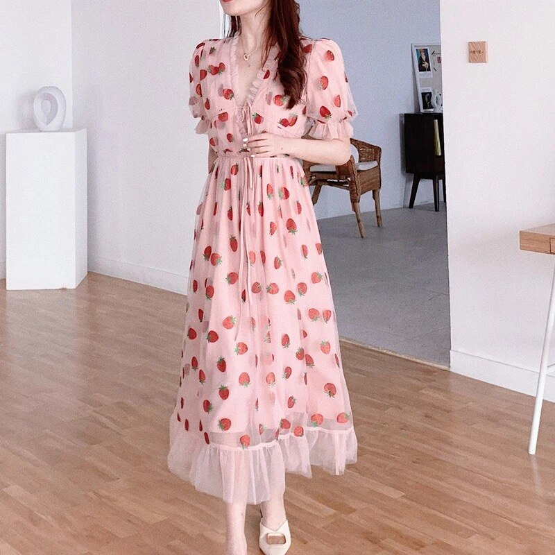 Strawberry Sequin Midi Dress Puff Short Sleeve V-neck Lace High Waist Pink Red Fruit - Tophatter Daily Deals