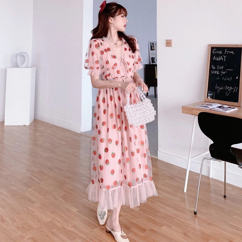 Strawberry Sequin Midi Dress Puff Short Sleeve V-neck Lace High Waist Pink Red Fruit - Tophatter Daily Deals