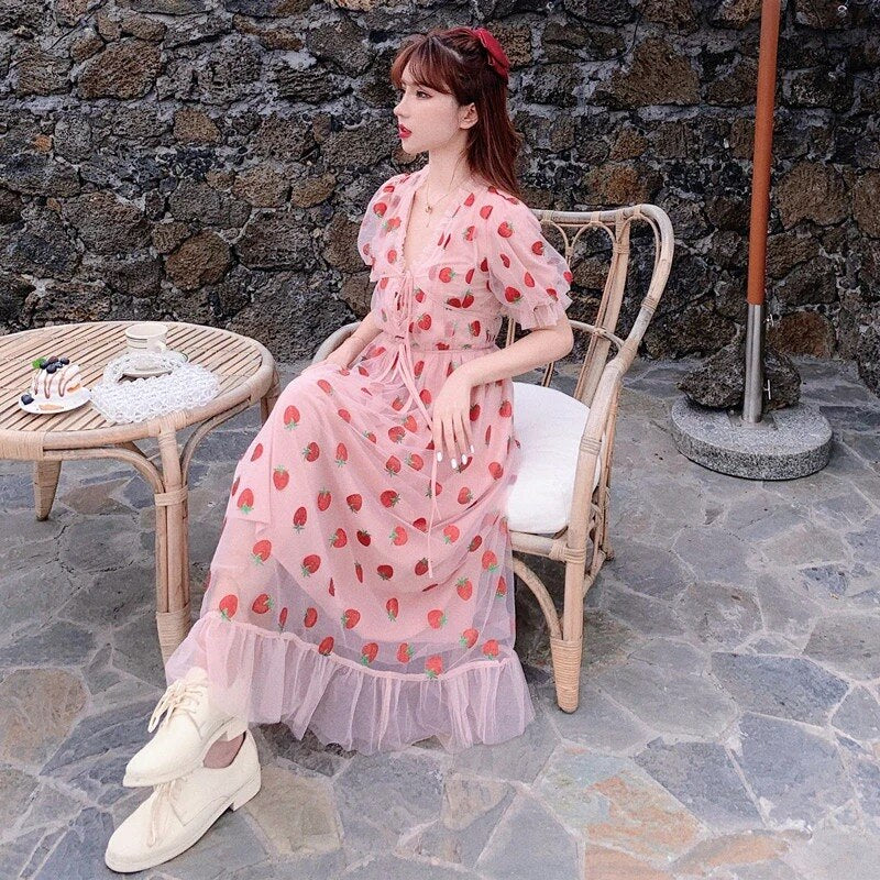 Strawberry Sequin Midi Dress Puff Short Sleeve V-neck Lace High Waist Pink Red Fruit - Tophatter Daily Deals