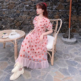 Strawberry Sequin Midi Dress Puff Short Sleeve V-neck Lace High Waist Pink Red Fruit - Tophatter Daily Deals