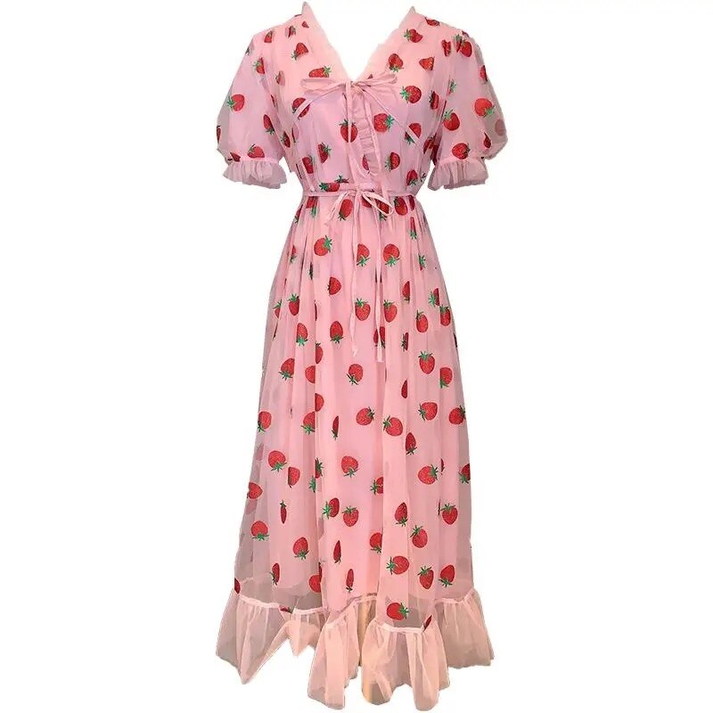 Strawberry Sequin Midi Dress Puff Short Sleeve V-neck Lace High Waist Pink Red Fruit - Tophatter Daily Deals