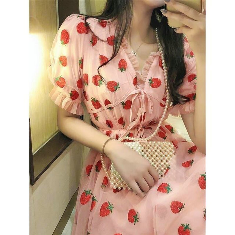 Strawberry Sequin Midi Dress Puff Short Sleeve V-neck Lace High Waist Pink Red Fruit - Tophatter Daily Deals