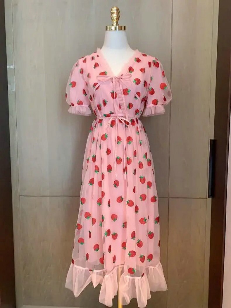 Strawberry Sequin Midi Dress Puff Short Sleeve V-neck Lace High Waist Pink Red Fruit - Tophatter Daily Deals
