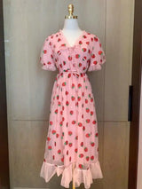 Strawberry Sequin Midi Dress Puff Short Sleeve V-neck Lace High Waist Pink Red Fruit - Tophatter Daily Deals