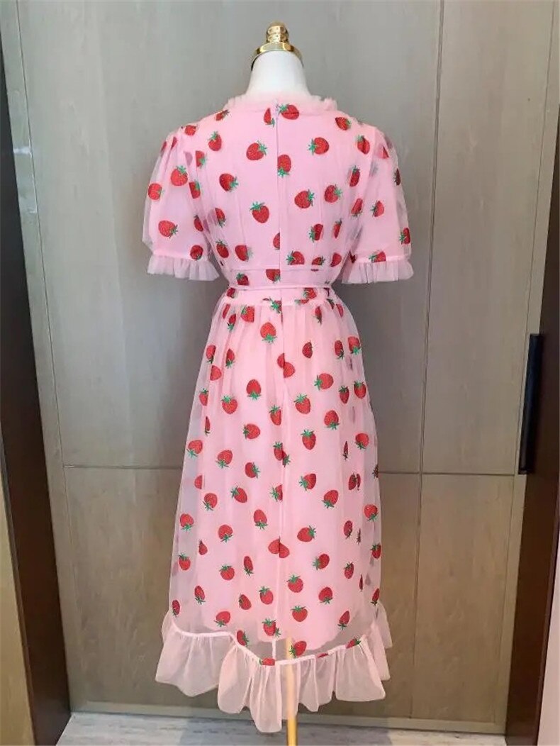 Strawberry Sequin Midi Dress Puff Short Sleeve V-neck Lace High Waist Pink Red Fruit - Tophatter Daily Deals