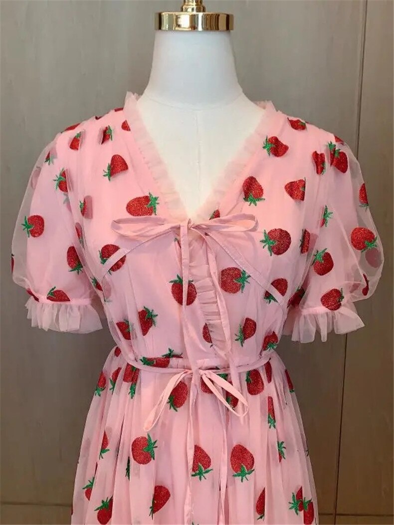 Strawberry Sequin Midi Dress Puff Short Sleeve V-neck Lace High Waist Pink Red Fruit - Tophatter Daily Deals