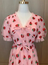 Strawberry Sequin Midi Dress Puff Short Sleeve V-neck Lace High Waist Pink Red Fruit - Tophatter Daily Deals