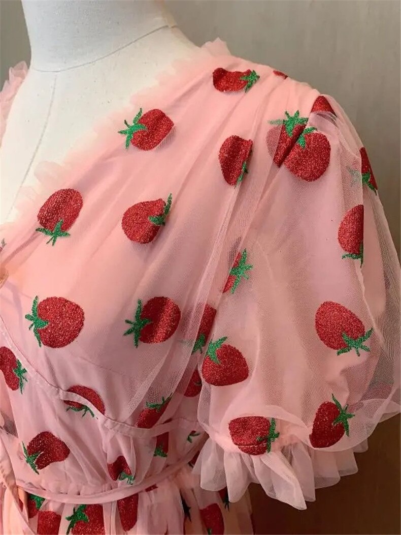 Strawberry Sequin Midi Dress Puff Short Sleeve V-neck Lace High Waist Pink Red Fruit - Tophatter Daily Deals