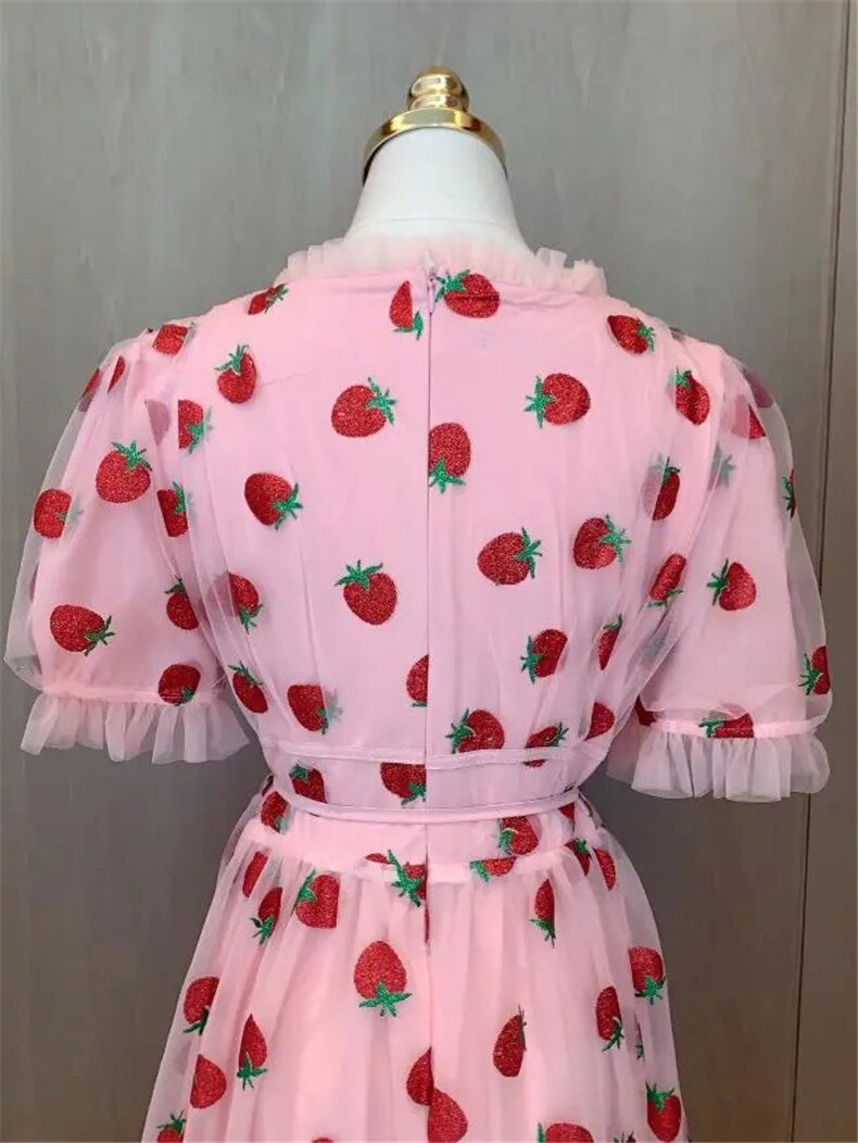 Strawberry Sequin Midi Dress Puff Short Sleeve V-neck Lace High Waist Pink Red Fruit - Tophatter Daily Deals