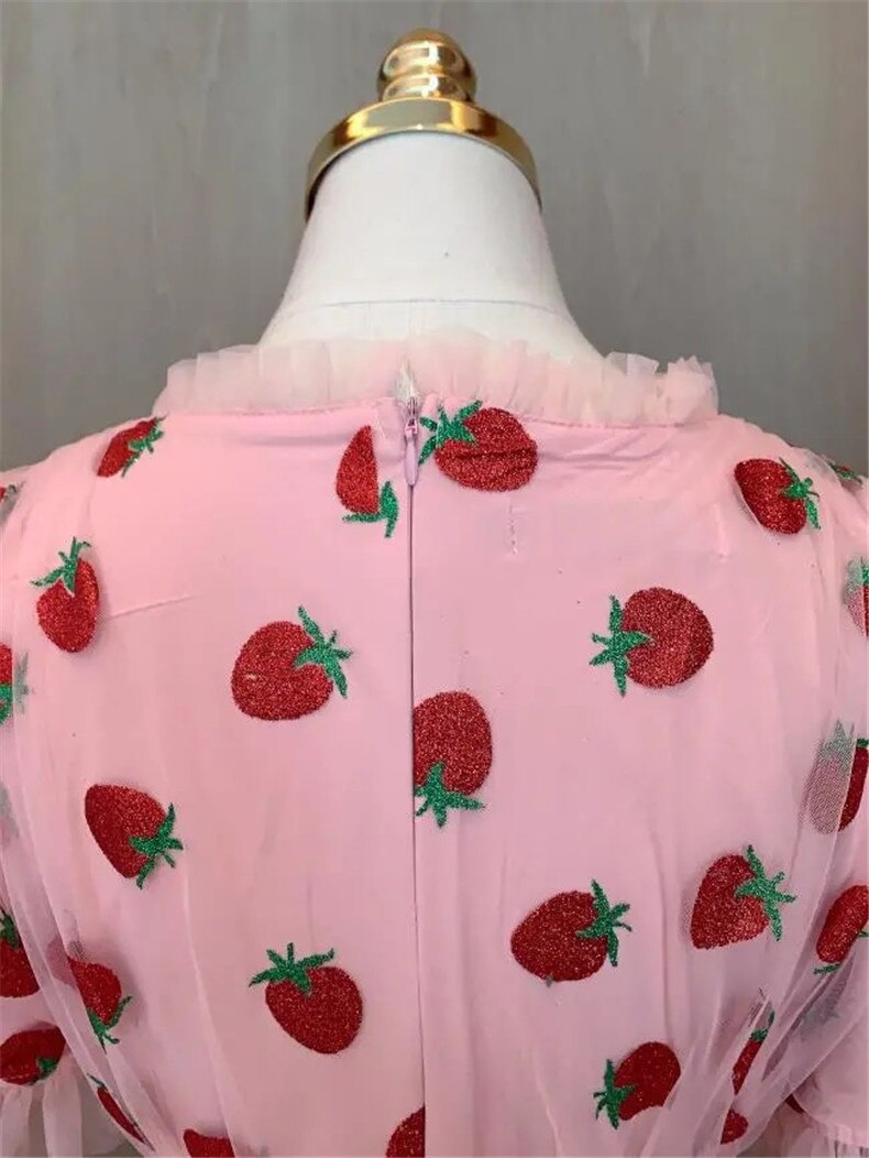 Strawberry Sequin Midi Dress Puff Short Sleeve V-neck Lace High Waist Pink Red Fruit - Tophatter Daily Deals