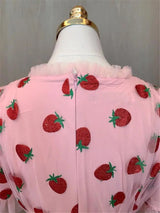 Strawberry Sequin Midi Dress Puff Short Sleeve V-neck Lace High Waist Pink Red Fruit - Tophatter Daily Deals