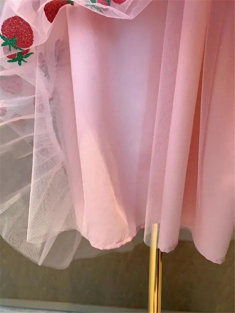 Strawberry Sequin Midi Dress Puff Short Sleeve V-neck Lace High Waist Pink Red Fruit - Tophatter Daily Deals