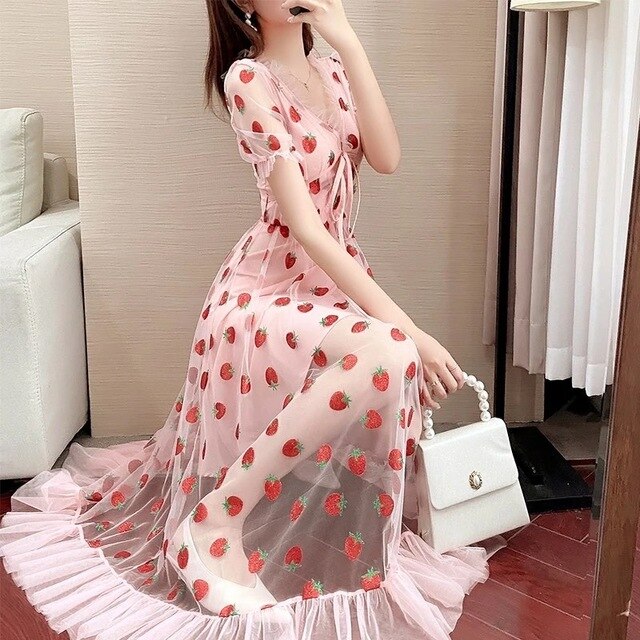 Strawberry Sequin Midi Dress Puff Short Sleeve V-neck Lace High Waist Pink Red Fruit - Tophatter Daily Deals