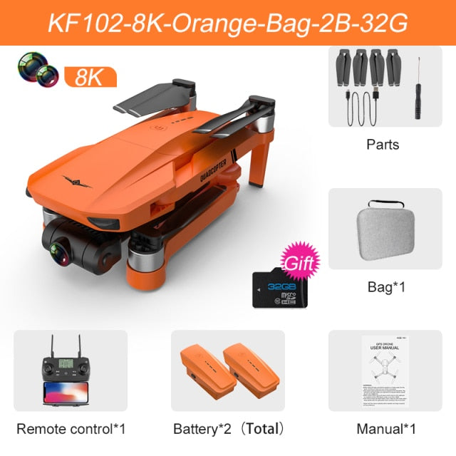 XKJ KF102 GPS Drone 8K HD Camera 2-Axis Gimbal Professional Anti-Shake Aerial Photography Brushless Foldable Quadcopter 1.2km 8K Orange Bag 32G 2B - Tophatter Daily Deals