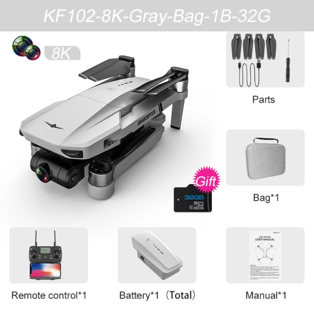 XKJ KF102 GPS Drone 8K HD Camera 2-Axis Gimbal Professional Anti-Shake Aerial Photography Brushless Foldable Quadcopter 1.2km 8K Gray Bag 32G - Tophatter Daily Deals