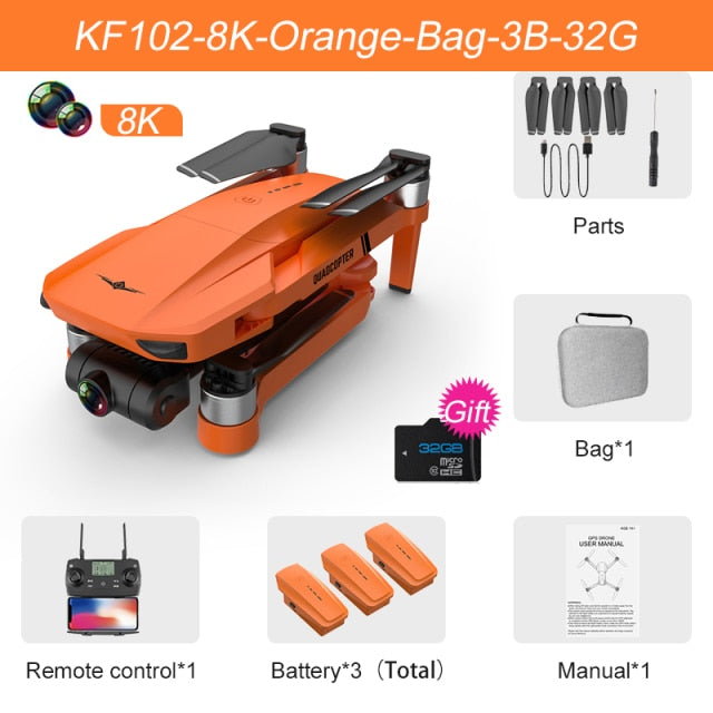 XKJ KF102 GPS Drone 8K HD Camera 2-Axis Gimbal Professional Anti-Shake Aerial Photography Brushless Foldable Quadcopter 1.2km 8K Orange Bag 32G 3B - Tophatter Daily Deals