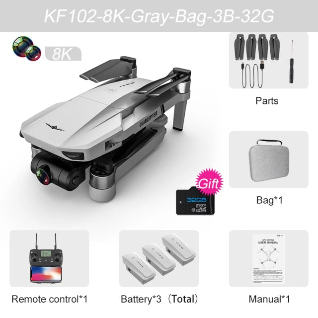XKJ KF102 GPS Drone 8K HD Camera 2-Axis Gimbal Professional Anti-Shake Aerial Photography Brushless Foldable Quadcopter 1.2km 8K Gray Bag 32G 3B - Tophatter Daily Deals