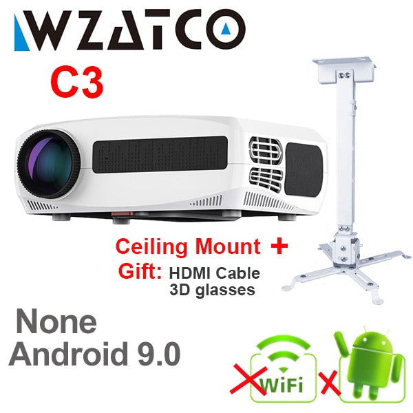 WZATCO C3 4D Keystone LED Projector 4K Android 10.0 WIFI 1920*1080P Proyector Home Theater 3D Media Video player Game Beamer C3 add Mount - Tophatter Daily Deals