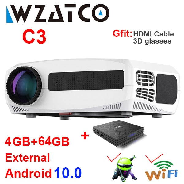 WZATCO C3 4D Keystone LED Projector 4K Android 10.0 WIFI 1920*1080P Proyector Home Theater 3D Media Video player Game Beamer C3 add OS 64G - Tophatter Daily Deals
