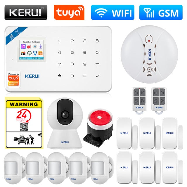 KERUI Tuya Smart WIFI GSM Security Alarm System Works With Alexa Home Burglar Motion Detector Smoke Door Window Sensor IP Camera WIFI GSM KIT11 Alarm - Tophatter Daily Deals