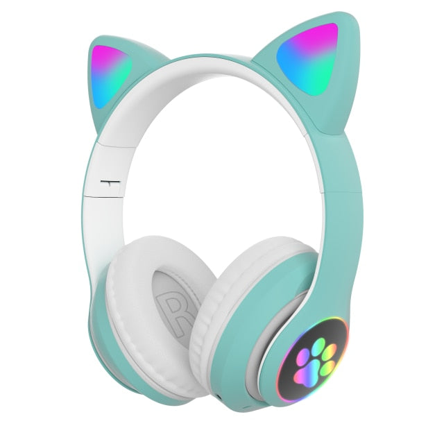 Flash Light Cute Cat Ears Wireless Headphones with Mic Can control LED Kid Girl Stereo Music Helmet Phone Bluetooth Headset Gift Green - Tophatter Daily Deals