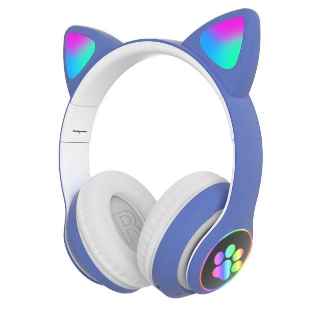 Flash Light Cute Cat Ears Wireless Headphones with Mic Can control LED Kid Girl Stereo Music Helmet Phone Bluetooth Headset Gift Blue - Tophatter Daily Deals