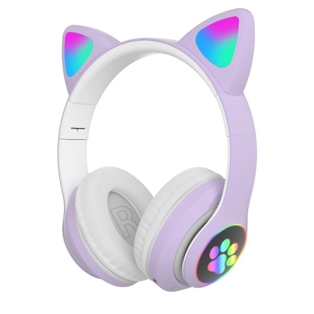 Flash Light Cute Cat Ears Wireless Headphones with Mic Can control LED Kid Girl Stereo Music Helmet Phone Bluetooth Headset Gift Purple - Tophatter Daily Deals