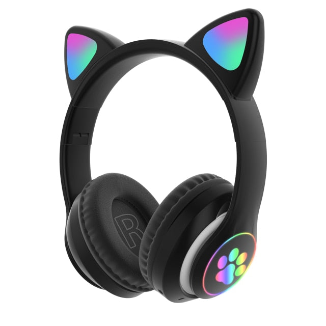 Flash Light Cute Cat Ears Wireless Headphones with Mic Can control LED Kid Girl Stereo Music Helmet Phone Bluetooth Headset Gift Black - Tophatter Daily Deals