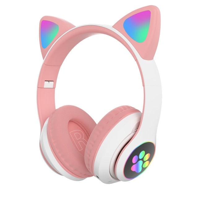 Flash Light Cute Cat Ears Wireless Headphones with Mic Can control LED Kid Girl Stereo Music Helmet Phone Bluetooth Headset Gift White Pink - Tophatter Daily Deals