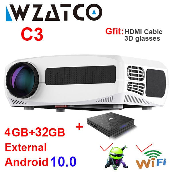 WZATCO C3 4D Keystone LED Projector 4K Android 10.0 WIFI 1920*1080P Proyector Home Theater 3D Media Video player Game Beamer C3 add OS 32G - Tophatter Daily Deals