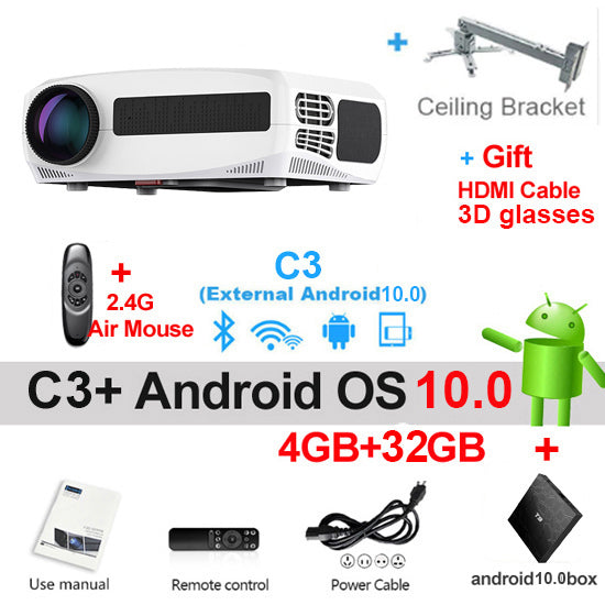 WZATCO C3 LED Projector Android 10.0 WIFI Full HD 1080P 300 inch Big Screen Proyector Home Theater Smart Video Beamer C3 add OS 32G Mount - Tophatter Daily Deals