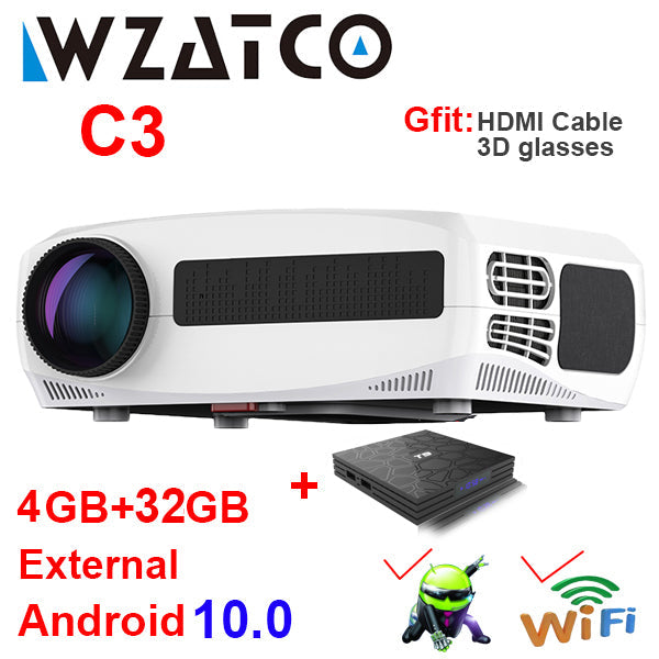WZATCO C3 LED Projector Android 10.0 WIFI Full HD 1080P 300 inch Big Screen Proyector Home Theater Smart Video Beamer C3 add OS 32G - Tophatter Daily Deals