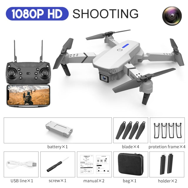 2021 New Quadcopter E88 Pro WIFI FPV Drone With Wide Angle HD 4K 1080P Camera Height Hold RC Foldable Quadcopter Dron Gift Toy 1080P White Bag - Tophatter Daily Deals