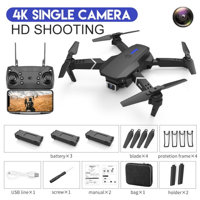 2021 New Quadcopter E88 Pro WIFI FPV Drone With Wide Angle HD 4K 1080P Camera Height Hold RC Foldable Quadcopter Dron Gift Toy 4K Black Bag 3B - Tophatter Daily Deals