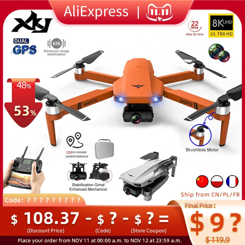 XKJ KF102 GPS Drone 8K HD Camera 2-Axis Gimbal Professional Anti-Shake Aerial Photography Brushless Foldable Quadcopter 1.2km - Tophatter Daily Deals